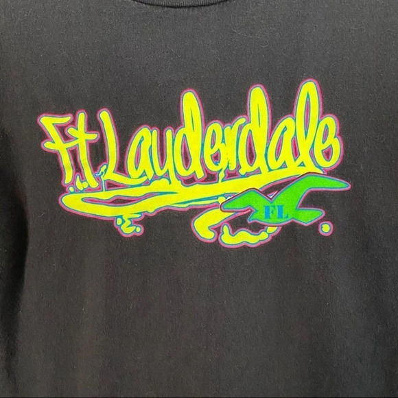 Vintage 90s Tshirt Mens Size Small Unisex Neon Black Ft Lauderdale Print Tee T - Picture 3 of 7